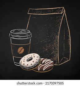 Ilustración vectorial dibujada por Chalk de la taza de café desechable de la comida, las donuts y la bolsa de papel. Aislado sobre el fondo negro de la pizarra.