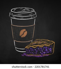 Chalk drawn vector illustration of takeaway disposable Coffee Cup and Blueberry Pie. Isolated on black chalkboard background.