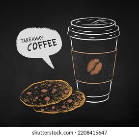 Chalk drawn vector illustration of takeaway disposable Coffee cup and chocolate chip cookies. Isolated on black chalkboard background with speech bubble banner.