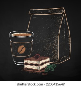 Chalk drawn vector illustration of takeaway disposable Coffee cup with Tiramisu and paper bag. Isolated on black chalkboard background.