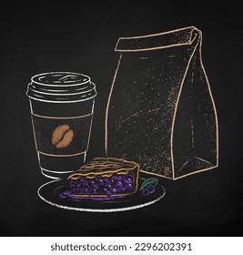 Chalk drawn vector illustration of takeaway disposable Coffee cup with blueberry pie and paper bag. Isolated on black chalkboard background.