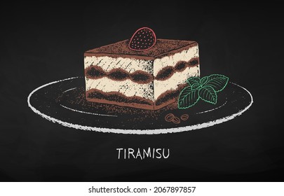 Chalk drawn vector illustration of Tiramisu on plate. Isolated on black chalkboard background.