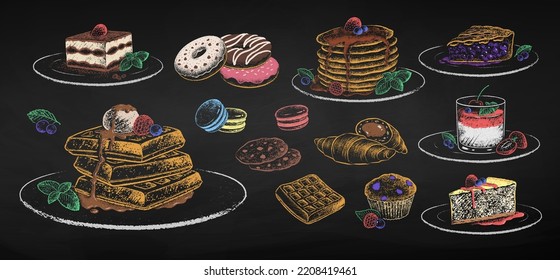 Chalk drawn vector illustrations collection of desserts. Isolated on black chalkboard background.
