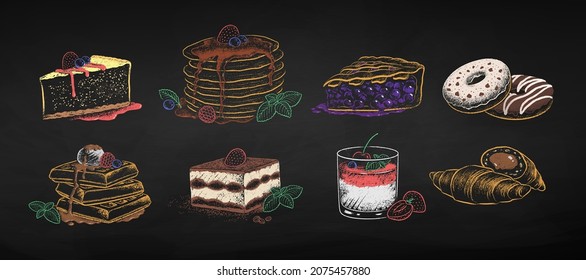 Chalk drawn vector illustrations set of desserts. Isolated on black chalkboard background.