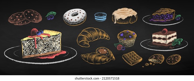 Chalk drawn vector illustrations set of desserts and pastries bakery products. Sweet food objects isolated on black chalkboard background.