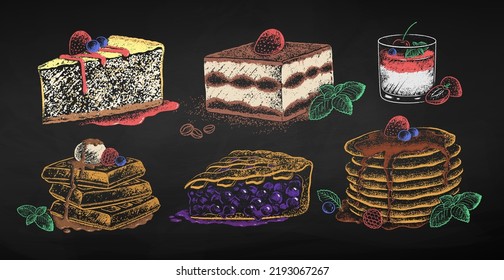 Chalk drawn vector illustrations set of desserts. Isolated on black chalkboard background.