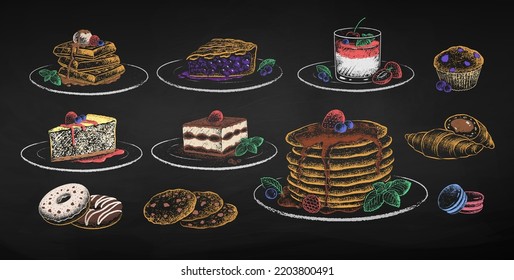 Chalk drawn vector illustrations set of desserts. Isolated on black chalkboard background.