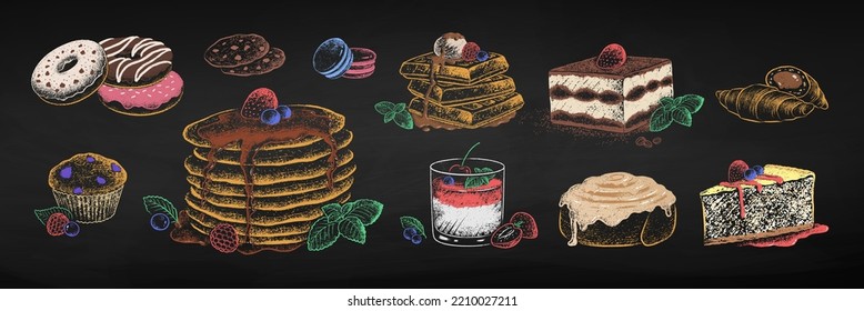 Chalk drawn vector illustrations set of desserts isolated on black chalkboard background.