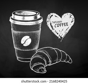 Chalk Drawn Vector Sketchy Illustration Of Takeaway Disposable Coffee Cup And Croissant With Heart Shape Banner. Isolated On Black Chalkboard Background.