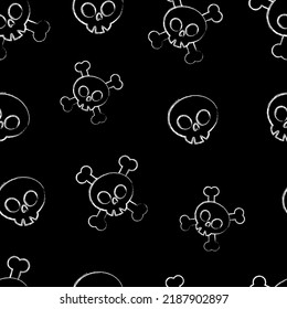 Chalk drawn Vector Skull Crossbones Seamless Pattern. Chalk drawn Skull Isolated on Dark background.