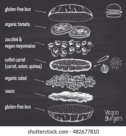 Chalk drawn vegan carrot burger with quinoa, zucchini and vegan mayonnaise with ingredients. Infographics.