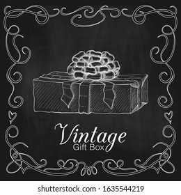 chalk drawn vintage gift box. engraved present illustration isolated on black chalkboard with curly frame. present box icon with lush bow and ribbon. wrapped gift sketch, silhouette. Vector line art