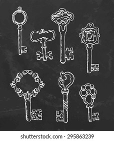 Chalk drawn vintage keys set. Vector illustration.