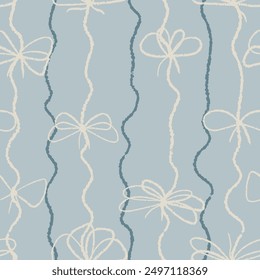 Chalk drawn wavy lines with tied bows seamless pattern. Stripe texture with textured lines. Holiday or birthday print. Great for textile, fabric, wallpaper, wrapping, scrapbook and packaging