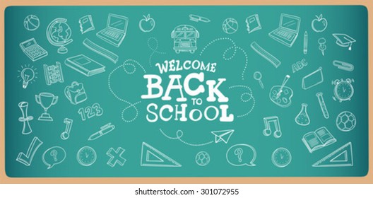 Chalk drawn welcome back to school icons vector on chalkboard