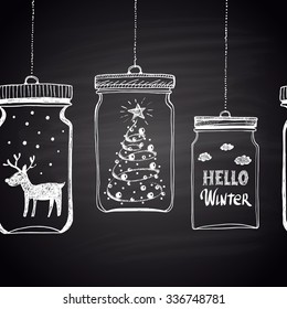  Chalk drawn white horizontal border with Christmas tree, clouds, text, snow and  deer in a jar. Happy New Year Theme. Holidays collection. Card design.