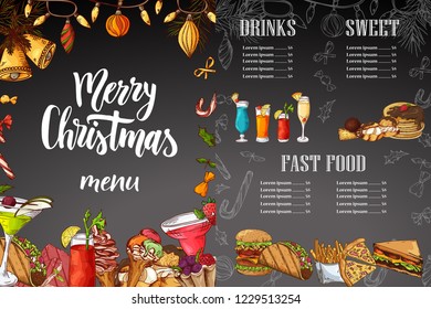 Chalk drawning Christmas menu design. Winter design template for cafe, restaurant. Food, beverages and holiday elements in hand drawn sketch style. Vector illustration.