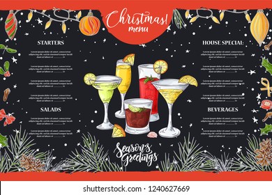 Chalk drawning Christmas menu design. Winter design template for cafe, restaurant. Food, beverages and holiday elements in hand drawn sketch style. Vector illustration.