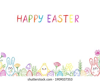 Chalk Easter background. Children drawing eggs  and bunny hand drawn wax crayons art. Crayon style Easter invitation. Color pastel crayons freehand drawn egg hunt background.  Easter chalk rabbits.