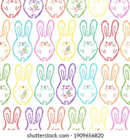 Chalk Easter bunny background. Children drawing rabbits hand drawn wax crayons art on white. Crayon style bunny backdrop. Color pastel crayons freehand drawn bunnys background. Fabric Easter texture.
