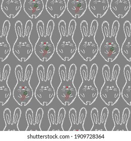 Chalk Easter bunny background. Children drawing rabbits hand drawn wax crayons art on white. Crayon style funny bunny backdrop. Color oil pastel crayons freehand drawn bunnys. Fabric Easter texture.