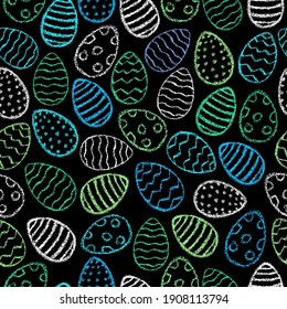 Chalk Easter eggs pattern. Children drawing eggs hand drawn wax crayons art on black Crayon style Easter print. Color pastel crayons freehand drawn egg background. Fabric Easter texture.Chalk eggs.
