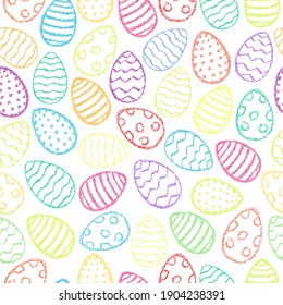 Chalk Easter eggs pattern. Crayon style Easter print. Children drawing eggs hand drawn wax crayons art on white. Color pastel crayons freehand drawn egg background. Fabric Easter texture. Chalk eggs.