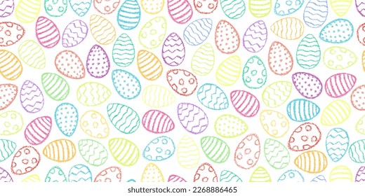 Chalk Easter eggs pattern. Crayon style Easter print. Children drawing eggs hand drawn wax crayons art on white. Color pastel crayons freehand drawn egg background. Fabric Easter texture. Chalk eggs.