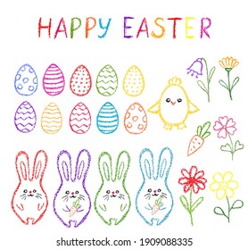 Chalk Easter symbls collection. Children drawing  hand drawn wax crayons Eater set.Crayon style Easter symbols. Color pastel crayons freehand drawn Happy Easter text. Chalk eggs, flowers, bunny, chick