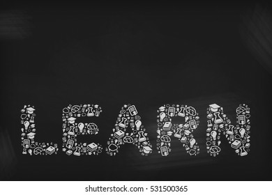 Chalk Educational Icons on Blackboard making up the word: learn, Great for learning concepts with copy space
