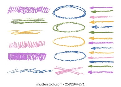 Chalk emphasis figure set. Crayon underline and arrows. Pencil scribble lines elements. Vector hand drawn brush stroke collection illustration on white background. Kids highlights handwritten shape.