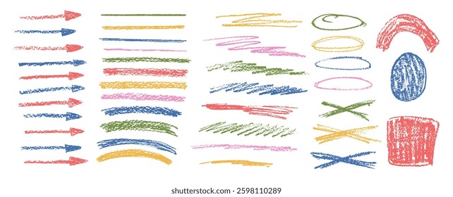 Chalk emphasis figure set. Crayon underline and arrows. Pencil scribble lines elements. Vector hand drawn brush stroke collection illustration on white background. Kids highlights handwritten shape.