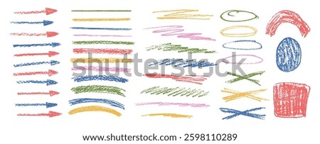 Chalk emphasis figure set. Crayon underline and arrows. Pencil scribble lines elements. Vector hand drawn brush stroke collection illustration on white background. Kids highlights handwritten shape.