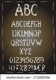 Chalk english alphabet, abc, education uppercase letters, numbers, signs isolated on textured background. Concept for menu, cards, invitation