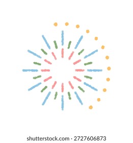 Kreide festliches Feuerwerk und Sternzeichen Muster in einem runden Kreis Element. Konfetti und Burst-Formen fügen funkelnde Feier Details auf hellem Hintergrund. Lebhafter Schmuck für die Partydekoration.