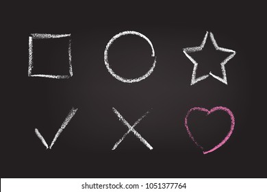 Chalk figure set on black schoolboard. Vector chalk hand drawn design elements: square, circle, star, check mark, cross and heart.