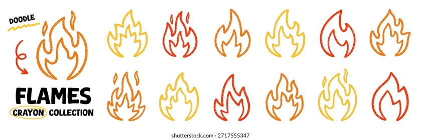 Juego de garabatos de llama de fuego de tiza. Dibujado a mano punk rock quemando Elementos en estilo de boceto, textura de tiza grunge. Ilustración vectorial aislada sobre fondo blanco
