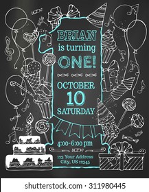 Chalk first Birthday invitation on blackboard. Hand-drawn chalk party blowouts and hats, sweets, garlands and balloons, music notes and firework, birthday pie on blackboard background.