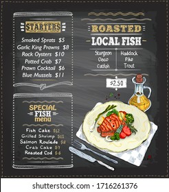 Chalk fish menu board graphic illustration with grilled salmon steak on a plate