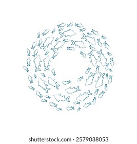 Chalk fish school silhouette. A round pattern of aquatic creatures. Underwater marine life in the ocean, flat chalk style, suitable for summer projects.