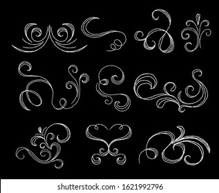 Chalk flourishes collection on dark background vector illustration. Set of elegant vintage floral elements for invitations, wedding, birthday design on chalkboard.