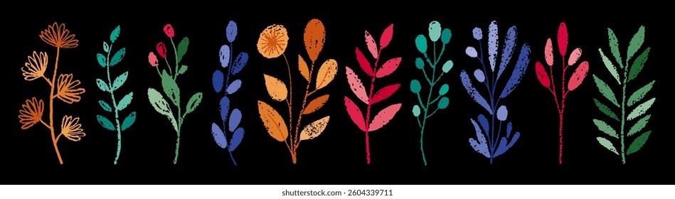 Chalk flower. Crayon hand drawn kid spring color blackboard. Vector illustration with pastel texture. Doodle hand draw leaf on chalkboard background. Floral plant and flower element. Chalk pattern bg