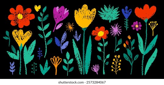 Chalk flowers. Crayon kid hand drawn vector. Pastel color plants in doodle style. Pencil art. Blackboard child illustration with spring cute flowers. Chalkboard element pattern. Floral chalk icon bg