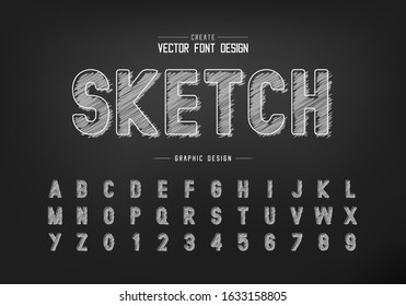 Chalk font and alphabet vector, Hand draw style typeface letter and number design, Sketch graphic text on blackboard background