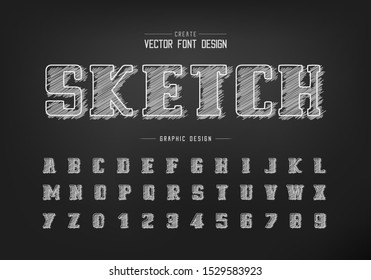 Chalk font and bold alphabet vector, Hand draw script and number design, Sketch graphic text on background