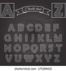 Chalk font on retro chalkboard background. Vector alphabet letters.