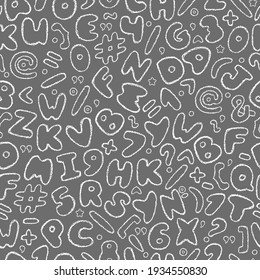 Chalk font pattern. Crayons alphabet print. Hand drawn wax crayons font on grey background. Isolated chalk abc, numbers. Children drawing style color letters collection. Chalk numbers, crayon signs.