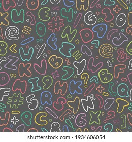 Chalk font pattern. Crayons alphabet print. Hand drawn wax crayons font on grey background. Isolated chalk abc, numbers. Children drawing style color letters collection. Chalk numbers, crayon signs.