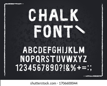 Chalk font. Rough chalk hand drawn alphabet, abc and numbers, textured scratched lettering. Grunge letters isolated vector symbols set. Abc font, alphabet rough grunge typography chalk illustration