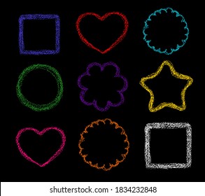 Chalk frame. Crayon style shapes. Children drawing chalk style frames star, round heart shape. Hand drawn wax crayons art on black background. Color pastel crayons  freehand  chalk line  silhouette.
